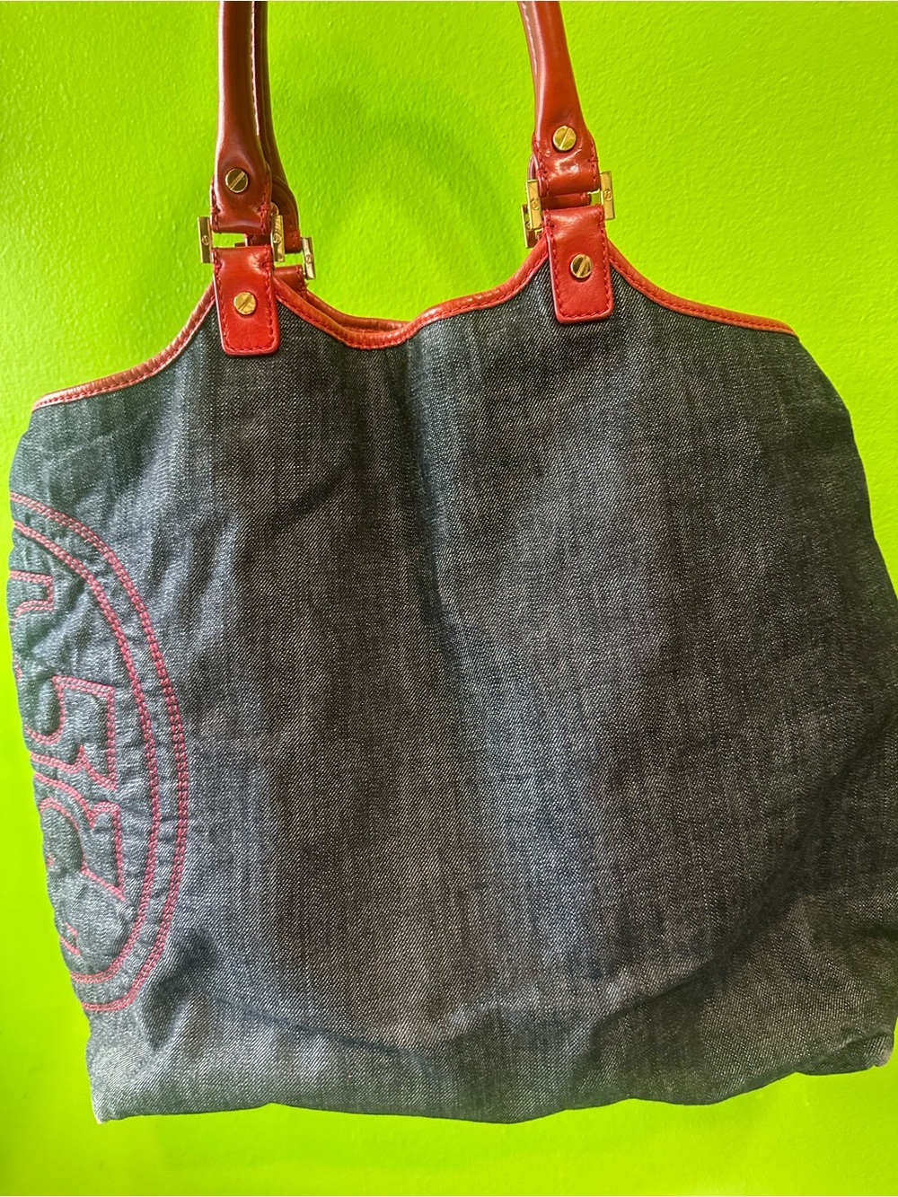 Tory Burch Blue Denim Tote with Red Leather Trim
